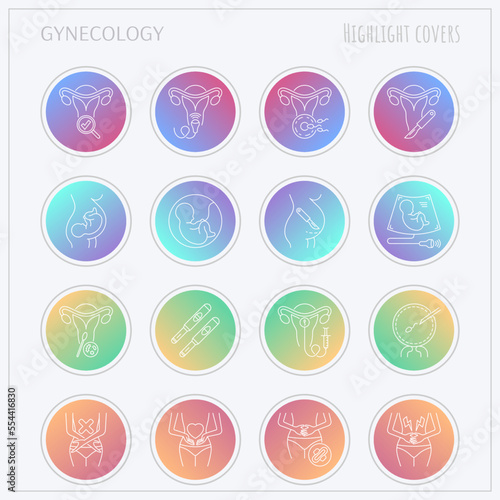 Gynecology thin line icons set. Ultrasound, check up, artificial fertilization, pregnancy, fetus, gynecological surgery, menstruation. Highlights for stories. Vector illustration.