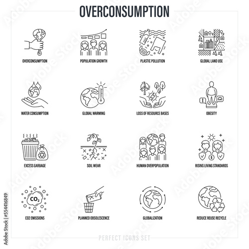 Overconsumption thin line icons set. Plastic pollution, population growth, obesity, global warming, excess garbage, planned obsolescene, CO2 emission, reduce, reuse, recycle. Vector illustration.