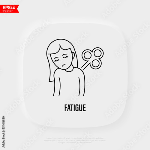 Fatigue, tiredness, apathy gradient flat icon. Tired girl with clockwork on the back. Post-covid syndrome. Vector illustration.