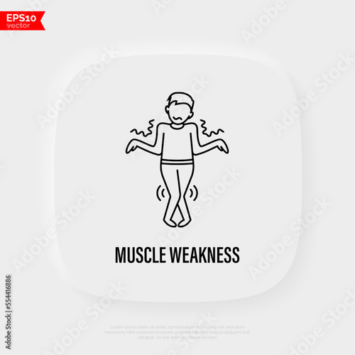 Muscle weakness thin line icon. Man can´t control his body. Long covid syndrome. Atrophy. Vector illustratiion.