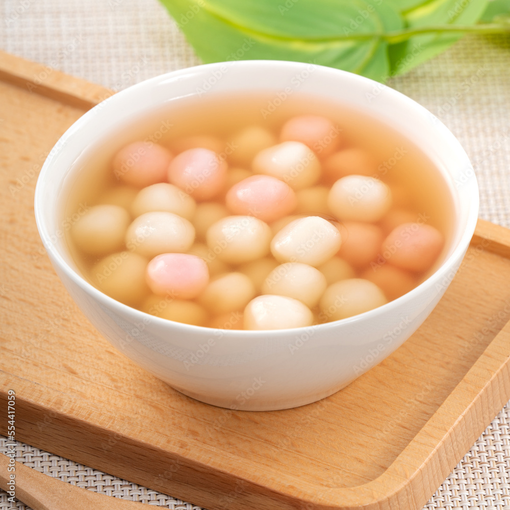 Red and white tangyuan with syrup soup. Red and white tangyuan with syrup soup.
