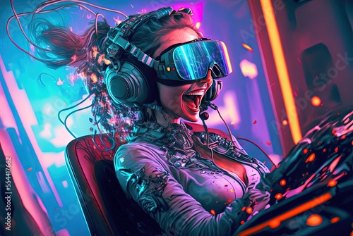 illustration of a gamer women wearing VR headset with cyber theme background, laughing and screaming with really excitement and fun face expression 