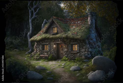 Stone cottage in the woods with a wooden roof. Generative AI