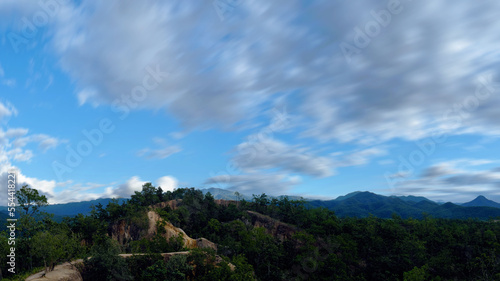 beautiful blue sky with mountain have footpath to the top of mountain at Pai Thailand