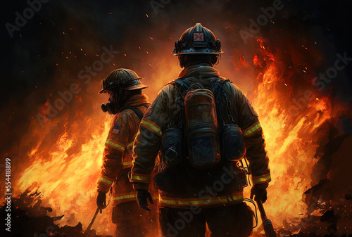 brave firemen using flame to battle a fire. Generative AI