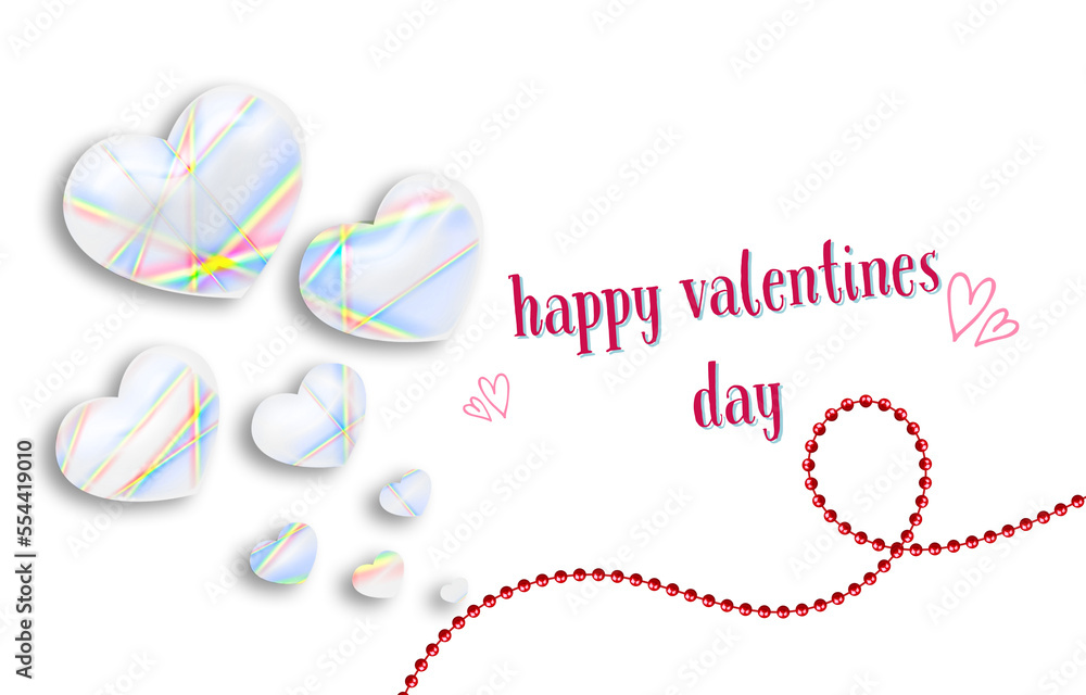 Rainbow colored glass hearts, red chain on pink isolated background for i love you, happy valentines day message Rainbow colored glass hearts, red chain on pink isolated background for i love you, happy valentines day message