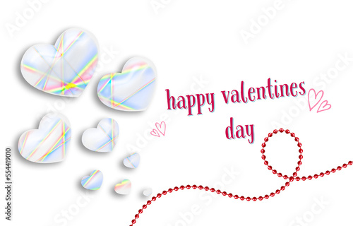Rainbow colored glass hearts, red chain on pink isolated background for i love you, happy valentines day message 