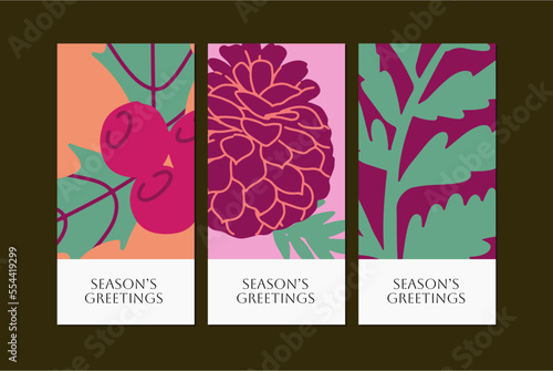 Warmth Festive Christmas Greetings Card Illustration Template. Christmas Celebration Greetings Cards Template. Cards with Illustration of Holly, Pinecone and Spruce Leaf