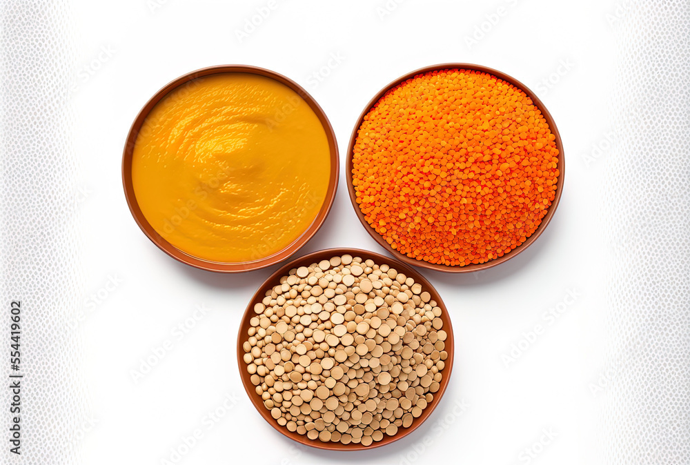 Red lentils are stacked alone. Top view of uncooked daal, dhal, and masoor strewn on a white background with dried orange lentil grains. Generative AI Red lentils are stacked alone. Top view of uncooked daal, dhal, and masoor strewn on a white background with dried orange lentil grains. Generative AI