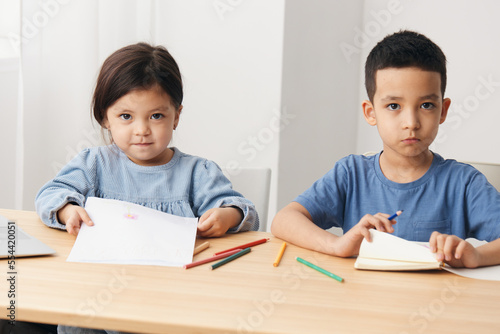 brother and sister of preschool age sit at the table and draw