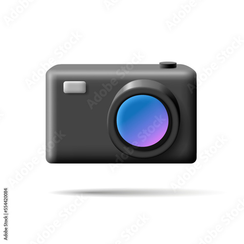3d black camera with bright lens, focus. Cartoon minimal style.