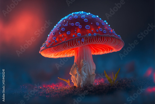 Fényképezés Mystical glowing red mushroom made with Generative AI