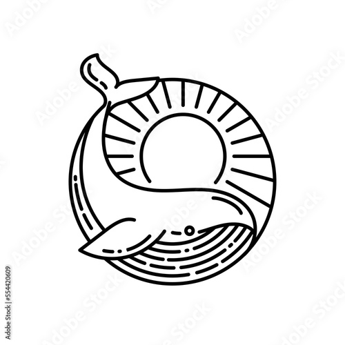 Whale logo monoline design with sunset and sunrise view