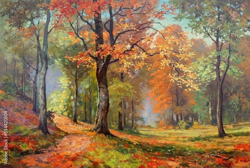 trees with colorful foliage in a sun-filled autumn forest