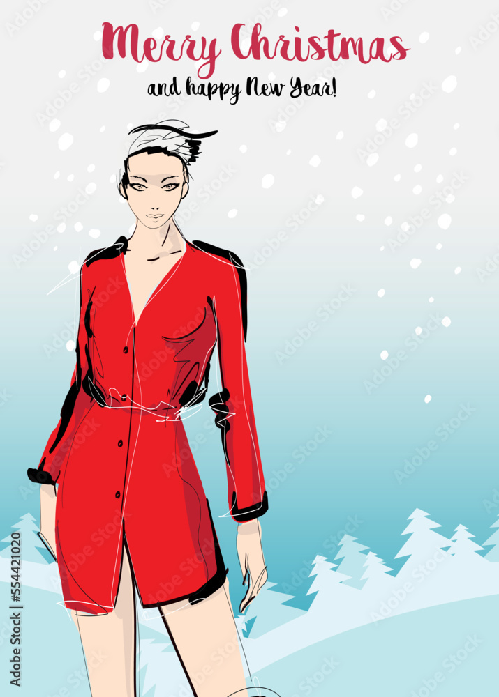 Fashionable Christmas and New Year Postcard. Beautiful young girl in stylish clothes. Sale concept. Hand-drawn fashion illustration. Cute girl in fashion clothes. Fashionable Christmas and New Year Postcard. Beautiful young girl in stylish clothes. Sale concept. Hand-drawn fashion illustration. Cute girl in fashion clothes.