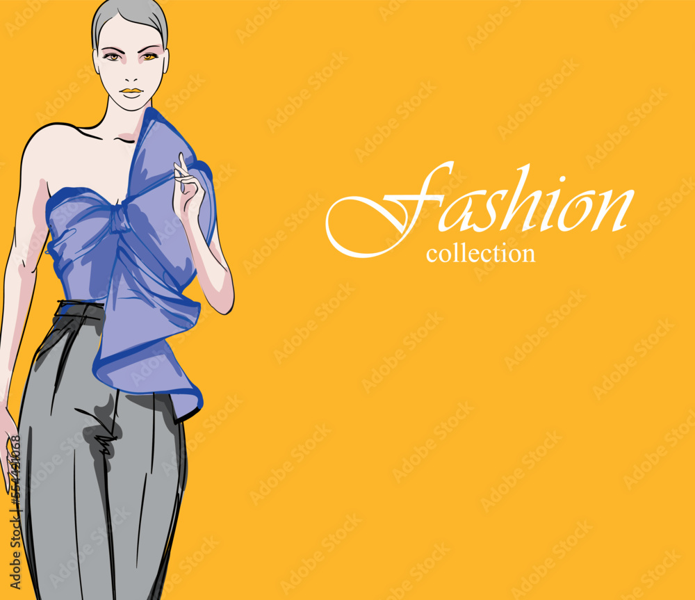 Beautiful young girl in stylish clothes. Fashion woman look. Sale concept. Hand-drawn fashion illustration. Cute girl in fashion clothes.