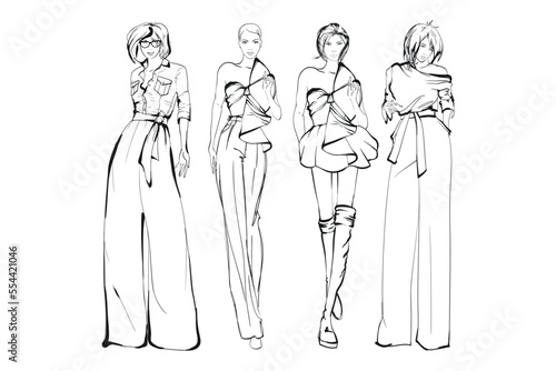 Set of young beautiful women in stylish clothes. Fashion sketch.