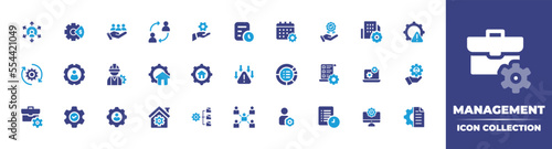 Management icon collection. Duotone color. Vector illustration. Containing outsourcing, gear, customer care, change, technical service, project plan, schedule, quality service, building, and more. photo