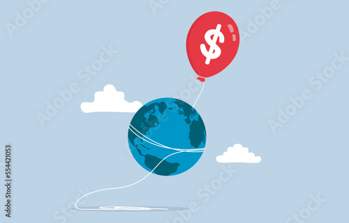 Global economic recession, high inflation around the world, international financial crisis concept, Inflation balloon tangling around globe.