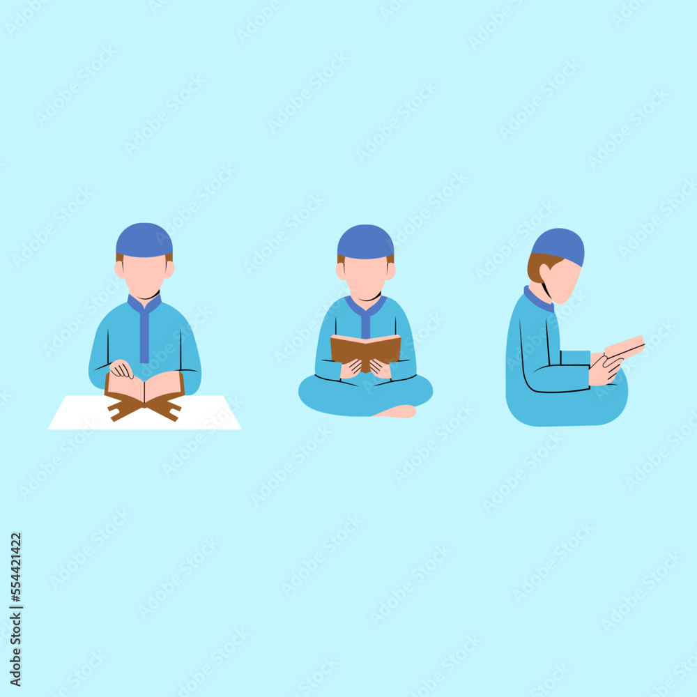 Set Of Muslim Man Character Reading Quran Set Of Muslim Man Character Reading Quran