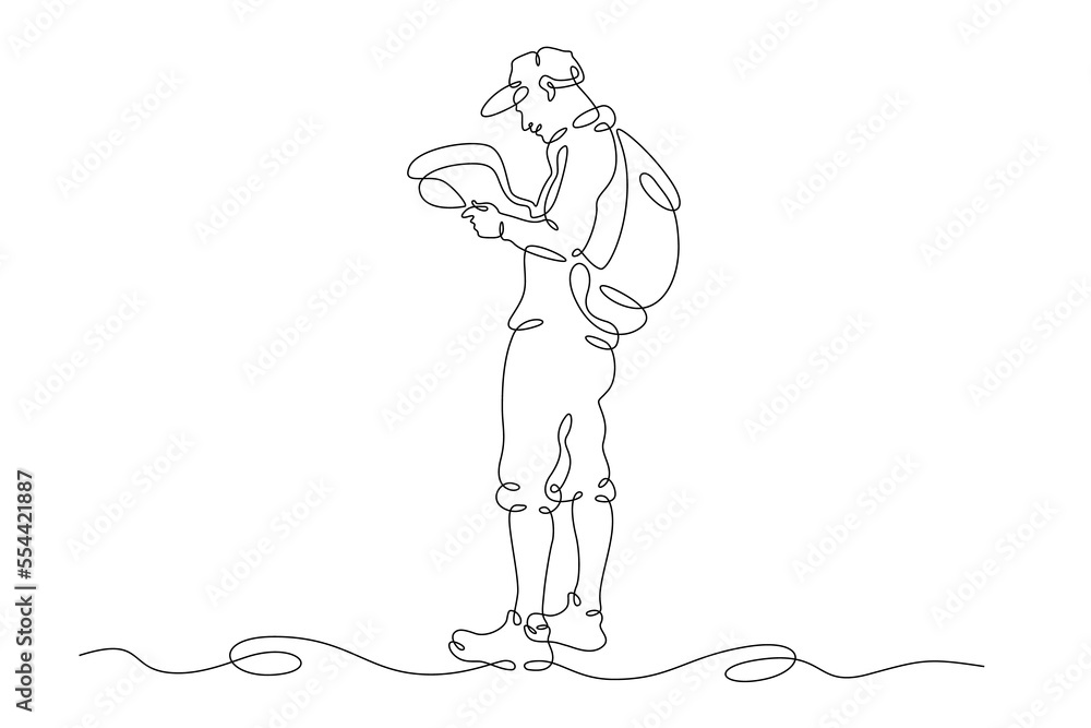 One continuous line. Tourist with a map. The traveler is looking on the map. Tourist on a trip.One continuous line on a white background.