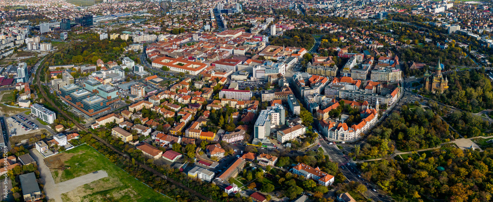 Aerial view around the city Timisoara in Romania on a sunny day in autumn.	