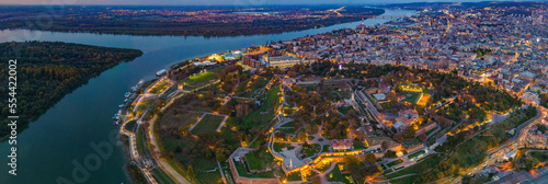 Aerial view of the city Belgrade in Serbia on an early night in autumn.	