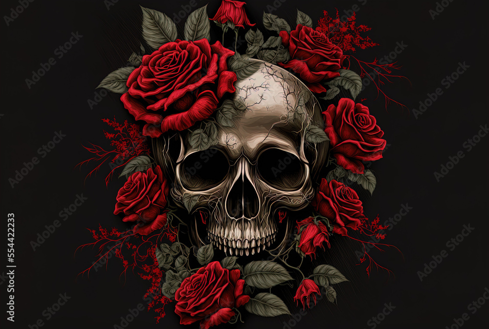 Red rose and skull illustration. Generative AI - obrazy, fototapety, plakaty 