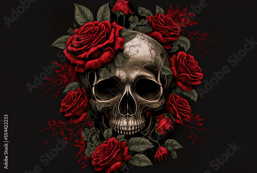 Red rose and skull illustration. Generative AI