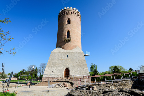 The Chindia Tower or Turnul Chindiei, old buildings and ruins at Targoviste Royal Court (Curtea Domneasca) in Chindia Park (Parcul Chindia) in the historical part of the city in Romania