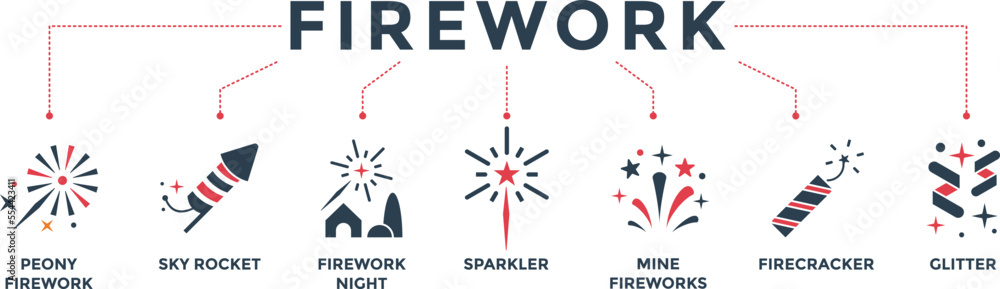 Firework banner web icon vector illustration for new year festival, party and birthday celebration with icons set of peony fireworks, sky rocket, night ,sparkler, mine, firecracker and glitter