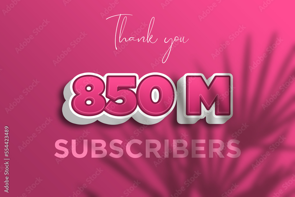 850 Million  subscribers celebration greeting banner with Pink 3D  Design