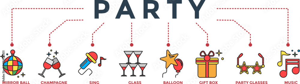 Party banner web icon vector illustration for anniversary, new year festival and birthday celebration with mirror ball, champagne, karaoke, glasses, balloons, gift box, party glasses and music icons Party banner web icon vector illustration for anniversary, new year festival and birthday celebration with mirror ball, champagne, karaoke, glasses, balloons, gift box, party glasses and music icons