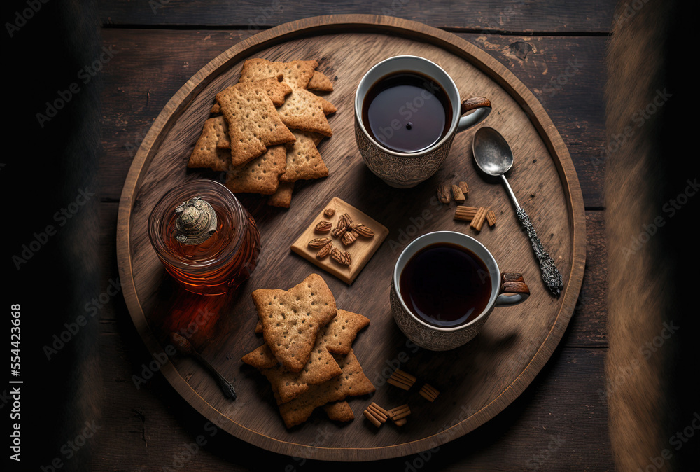 Coffee and delicious crackers are served on a wooden dish. superb photograph. Generative AI Coffee and delicious crackers are served on a wooden dish. superb photograph. Generative AI