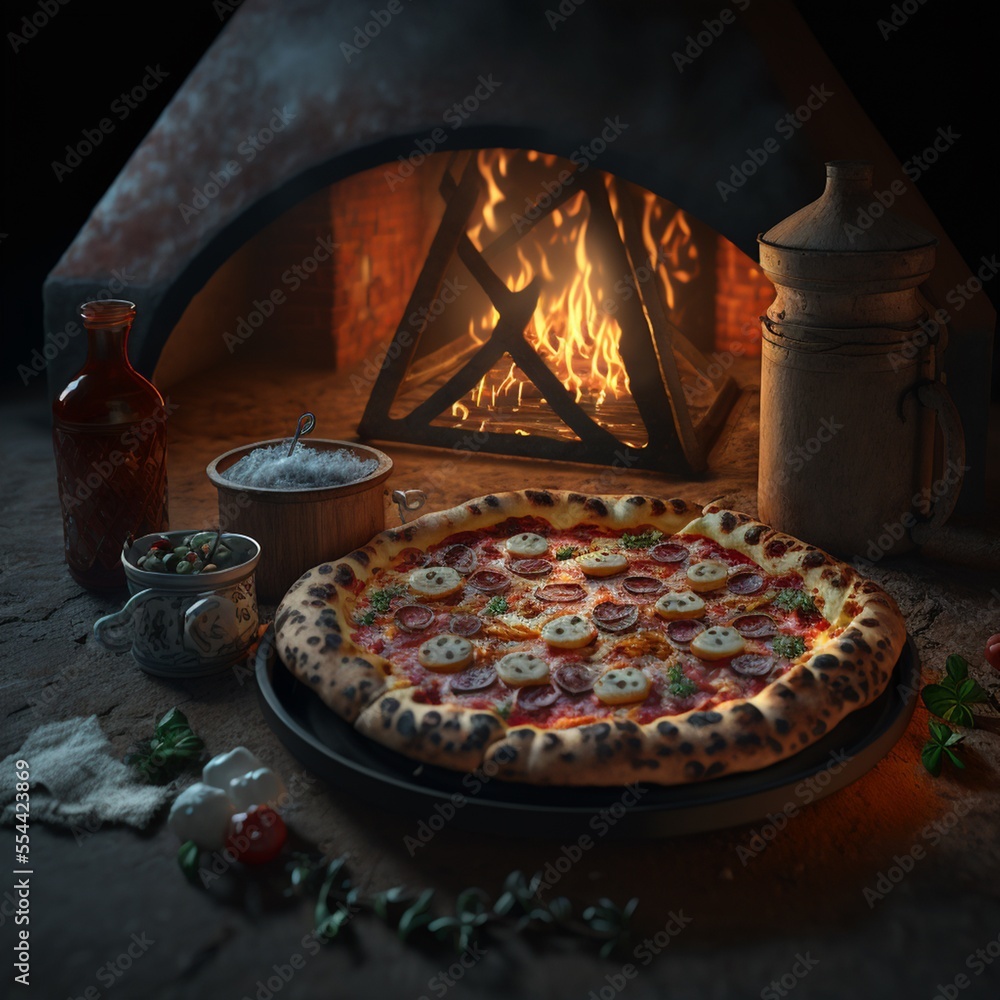 Pizza generative AI, Pizza vor Backofen künstlich erstellt mit KI Stock