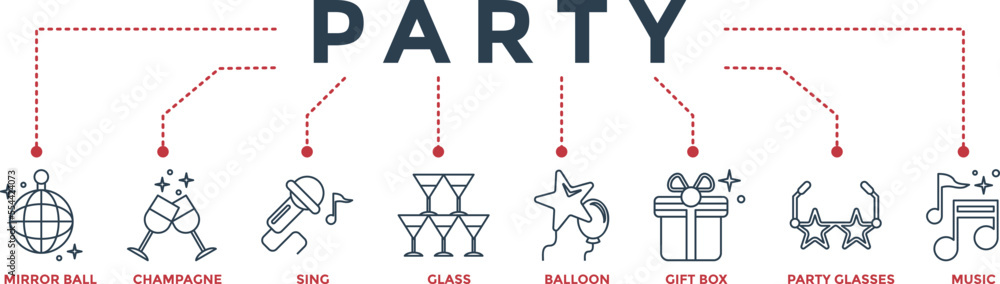 Party banner web icon vector illustration for anniversary, new year festival and birthday celebration with mirror ball, champagne, karaoke, glasses, balloons, gift box, party glasses and music icons Party banner web icon vector illustration for anniversary, new year festival and birthday celebration with mirror ball, champagne, karaoke, glasses, balloons, gift box, party glasses and music icons