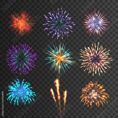 Firework set, fire cracker, sky festive firecracker. Night light effect bright colors, abstract carnival shape, holiday explosion. 3d isolated elements. Vector realistic design background