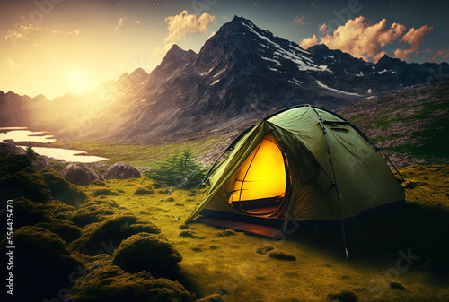 Active tourism and hiking idea with a tourist camping tent on a mountain during a beautiful sunny evening. Generative AI