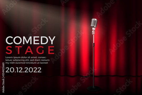 Theater stage. Standup performance banner. Light beam. Realistic curtain and microphone. Music spot. Spotlight on comedy scene. Comedian mic. Entertainment show. Vector design background