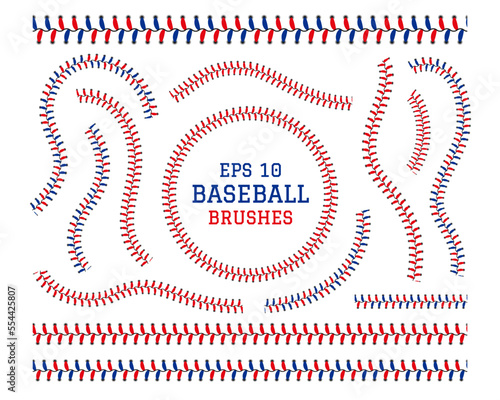 Baseball lace stitch. Softball seam. Leather brush thread. Base ball texture for logo. Circle or line sewing. Competition sport. Hardball binder stripe. Curve stitches set. Vector pattern