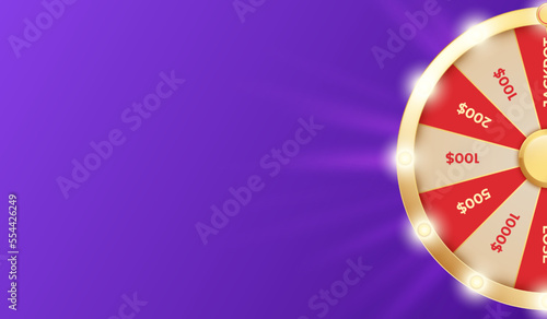 Wheel spin banner, fortune gamble win. Lucky casino game, jackpot or prize, arrow on circle roulette. Money lottery. Poster template with empty space. Vector 3d illustration on purple background