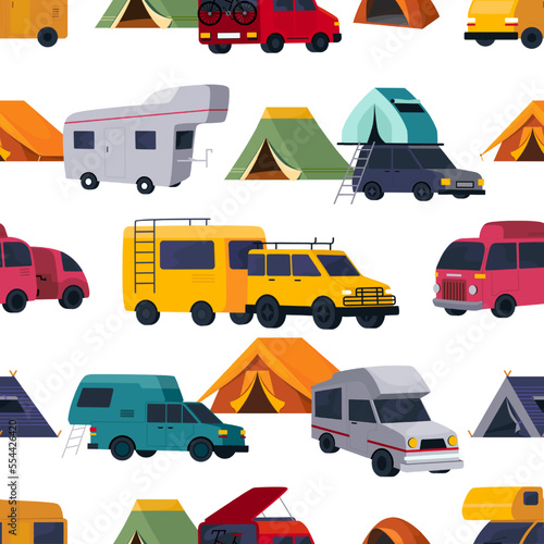 Caravan camper pattern, cartoon van and bus isolated on white background. Family trailer car for summer travel, retro road home, mobile truck. Decor textile. Vector seamless texture