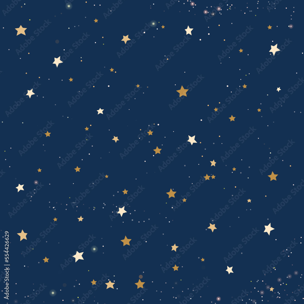 Sky star pattern, space background, magic galaxy. Gold and blue night, sparkle constellation, golden zodiac foil. Decor textile, wrapping paper, wallpaper design. Vector seamless texture