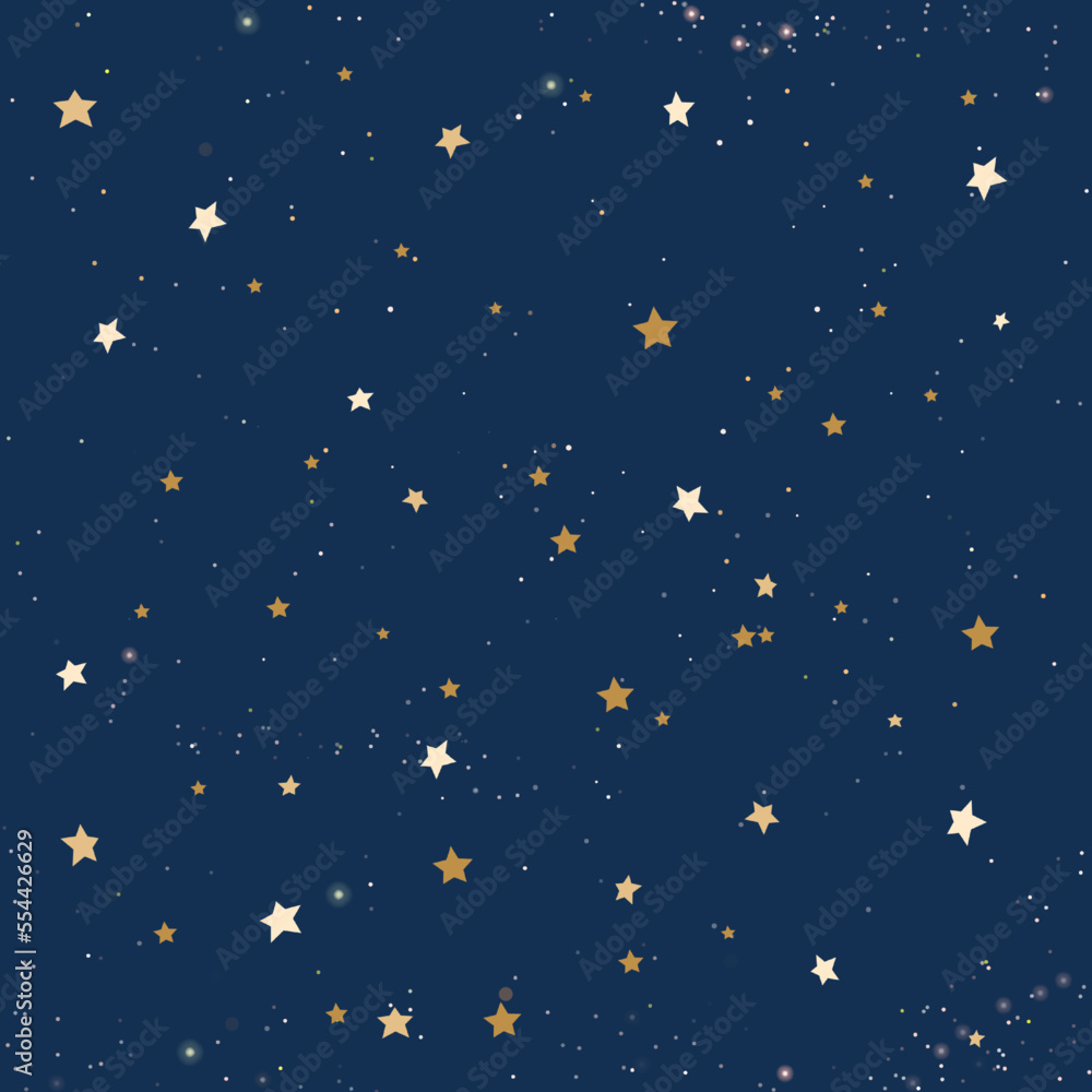 Sky star pattern, space background, magic galaxy. Gold and blue night, sparkle constellation, golden zodiac foil. Decor textile, wrapping paper, wallpaper design. Vector seamless texture Sky star pattern, space background, magic galaxy. Gold and blue night, sparkle constellation, golden zodiac foil. Decor textile, wrapping paper, wallpaper design. Vector seamless texture