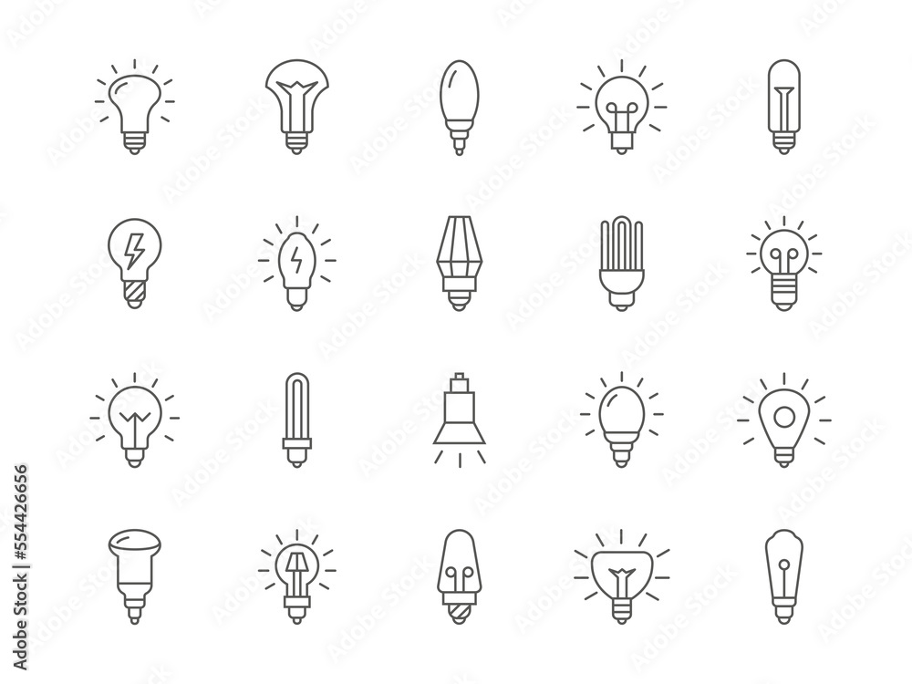 Lightbulb icons. Line lamp. Filament symbols. Idea or light bulb graphic. Fluorescent power. Innovation and creative inspiration. Illumination signs set. Vector design illustration Lightbulb icons. Line lamp. Filament symbols. Idea or light bulb graphic. Fluorescent power. Innovation and creative inspiration. Illumination signs set. Vector design illustration