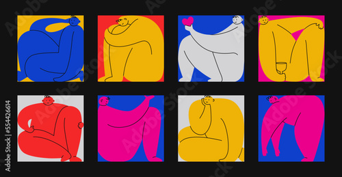 Abstract character figures, different posters collection. Geometric community of cute creatures, doodle pictograms. Sitting and lying people. Cute colorful body. Vector cartoon flat icon set