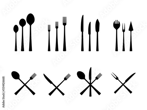 Cutlery icons. Crossed spoon and fork. Dining sharp knife. Tableware black silhouettes. Dish tools. Ladle and teaspoon. Food serving. Catering symbols set. Vector design illustration