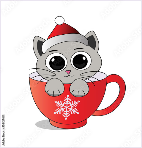 Draw vector  cute cat in cup of coffee and tea for Christmas and new year. Isolated on white. Doodle cartoon style.