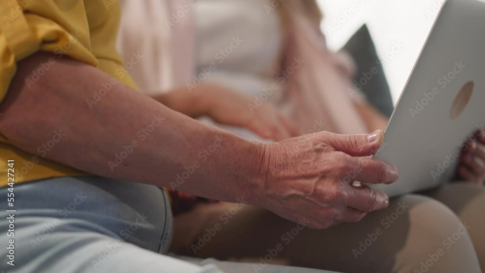 Senior lady browses information in internet with laptop sitting near woman friend on sofa closeup slow motion. Social network for communication Senior lady browses information in internet with laptop sitting near woman friend on sofa closeup slow motion. Social network for communication