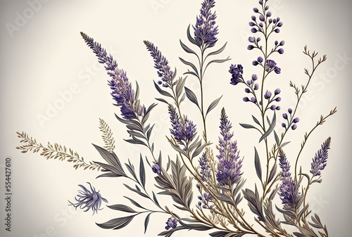 Elegant gradually lavender branches and blossoms on a white backdrop, antique floral design for a postcard plant. Generative AI